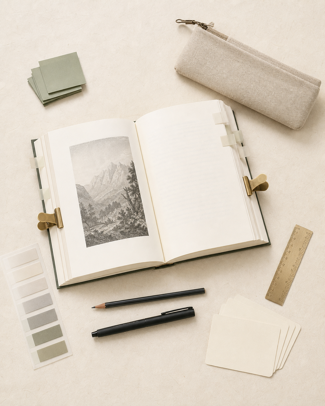 Book annotation kit with an open book, tabs, brass clips, cards, and writing tools